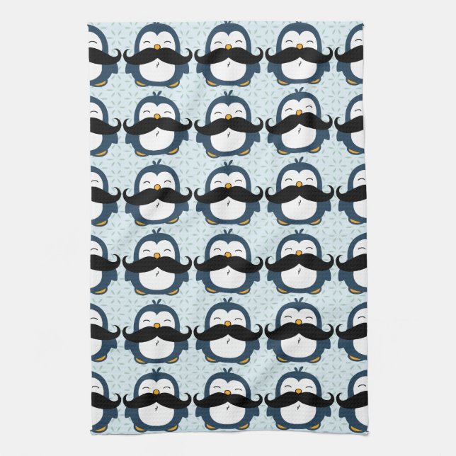 Penguin Moustache Trend Pattern Tea Towel (Vertical)