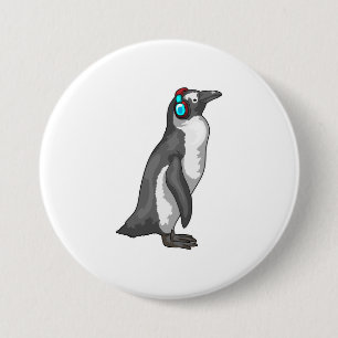 Penguin Music Headphone 7.5 Cm Round Badge