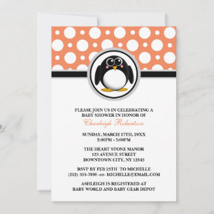Penguin Orange Polka Dot Baby Shower Invitations