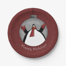 Penguin Ornament Happy Holidays Paper Plate