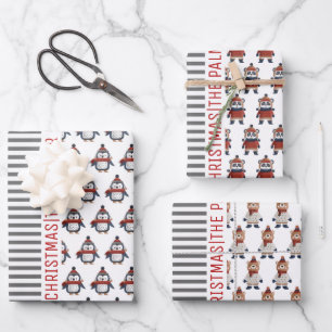 Penguin, panda, bear and stripes Merry Christmas Wrapping Paper Sheet
