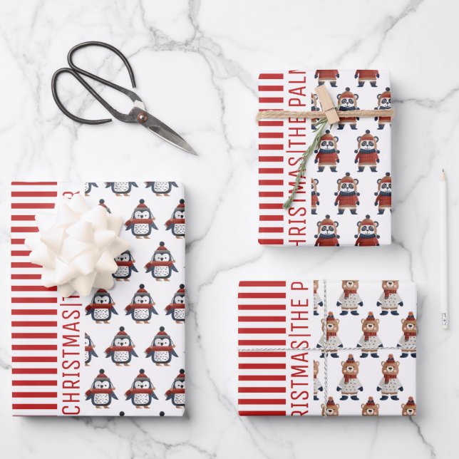 Penguin, panda, bear, red stripes Merry Christmas Wrapping Paper Sheet (Front)
