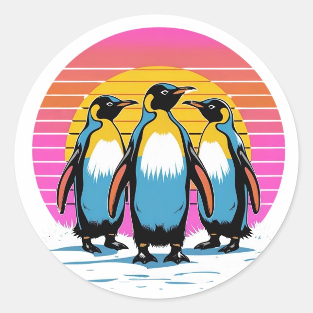 Penguin Parade – Retro Sunset Penguin Family  Classic Round Sticker (Front)