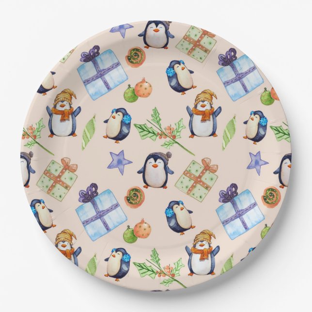 Penguin party – festive winter fun paper plate (Front)