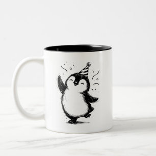 Penguin Party Ink Brushstroke Illustration on Two-Tone Coffee Mug