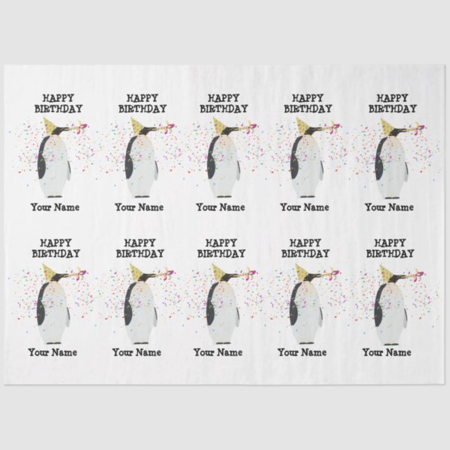 Penguin Partying - Animals at Birthday Party Name Tissue Paper (Front)