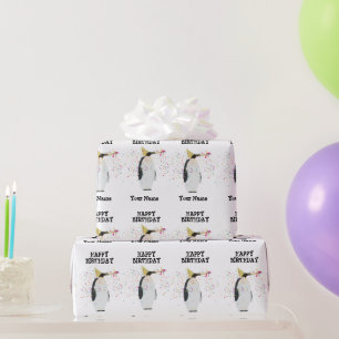 Penguin Partying - Animals at Birthday Party Name Wrapping Paper