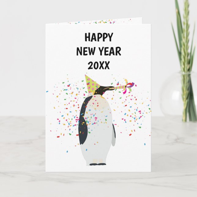 Penguin Partying - Animals  Holiday New Years Card (Front)