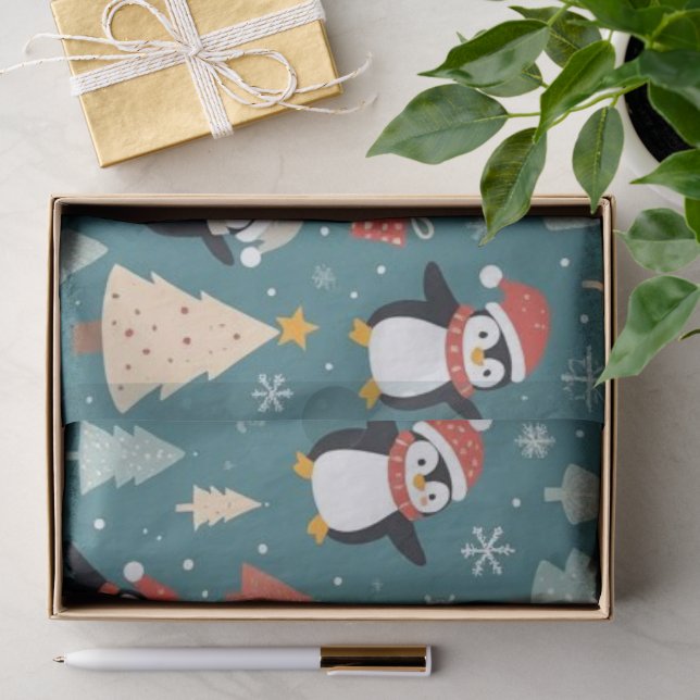 Penguin Pattern Green Christmas Tissue Paper (Gift)