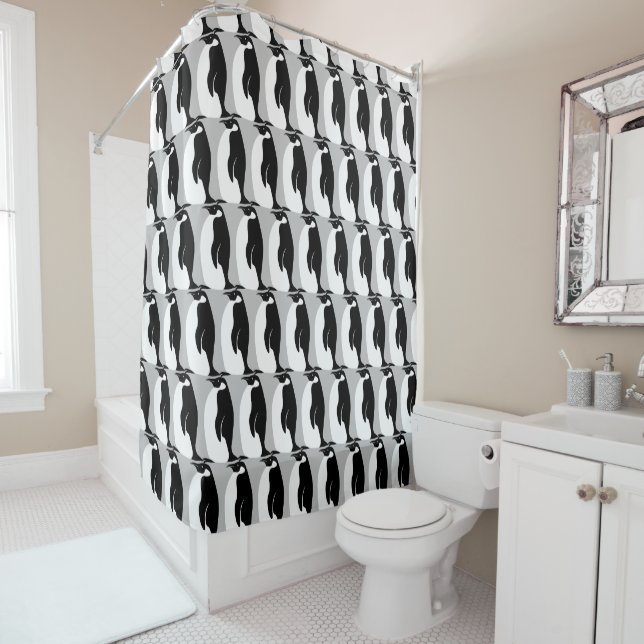 Penguin Pattern Grey Black White Shower Curtain (In Situ)