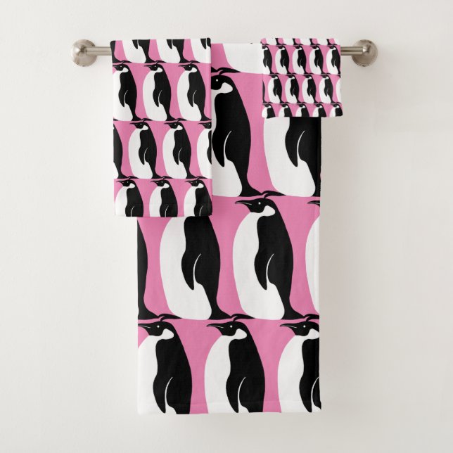 Penguin Pattern Pink Black White Bath Towel Set (Insitu)