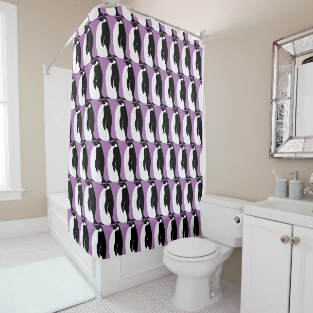 Penguin Pattern Purple Black White Shower Curtain (In Situ)