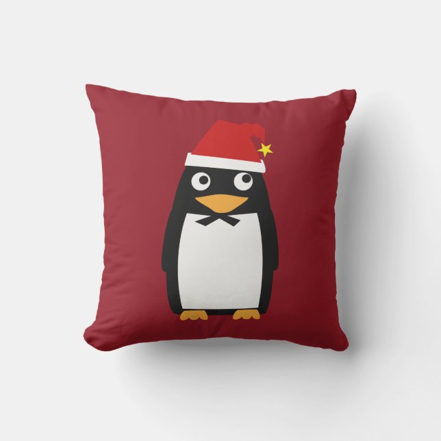 Penguin Penguins Merry Christmas Red Santa hat Tux Cushion (Front)