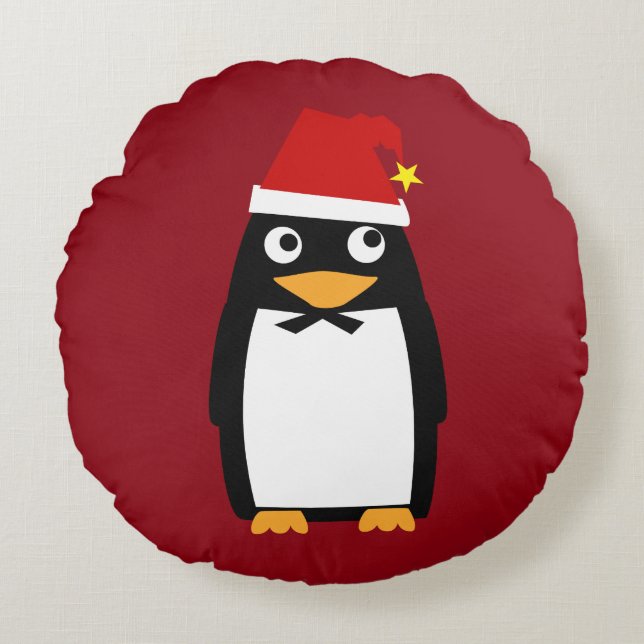 Penguin Penguins Merry Christmas Red Santa hat Tux Round Cushion (Front)