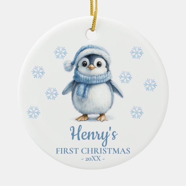 Penguin Personalized Baby's First Christmas Ceramic Tree Decoration (Front)