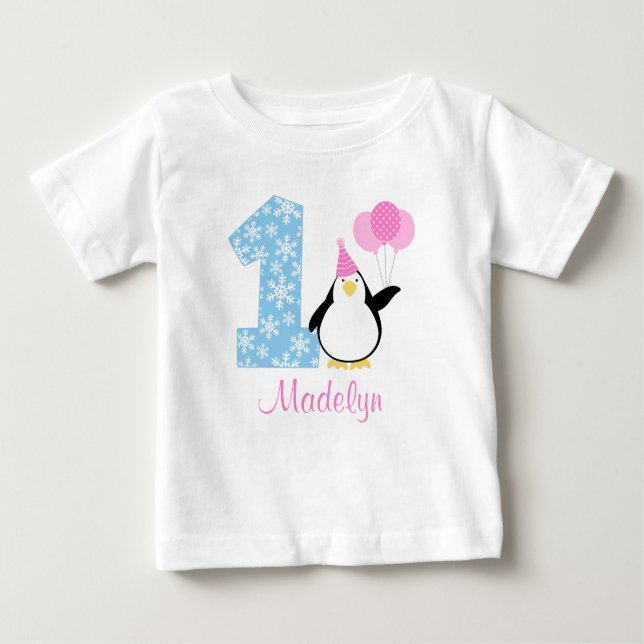 Penguin Pink Blue Girl Winter Onederland Birthday Baby T-Shirt (Front)