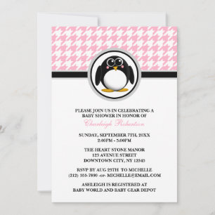 Penguin Pink Houndstooth Baby Shower Invitations