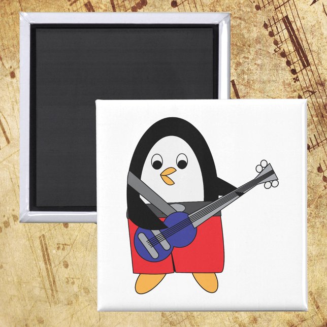 Penguin Playing Bass Guitar Magnet (A magnet with a cute penguin playing the bass guitar.)