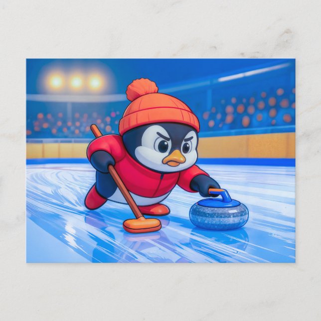 Penguin Playing Curling on an Icy Winter Rink Postcard (Front)