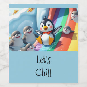 Penguin plays on a slide wine label