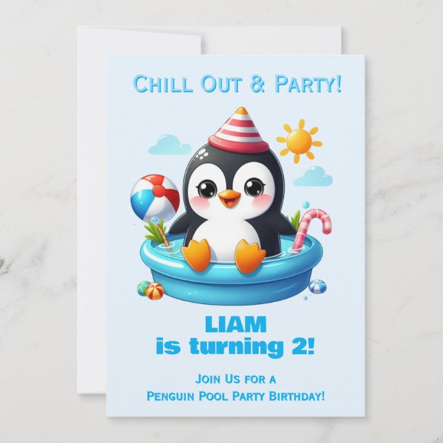 Penguin Pool Party Birthday Invitation Boys  (Front)