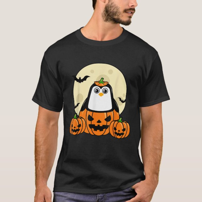 Penguin Pumpkin Moon Bats Costume Cute Easy Hallow T-Shirt (Front)