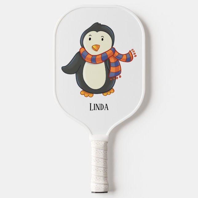 Penguin Purple Orange Striped Winter Scarf Name  Pickleball Paddle (Front)