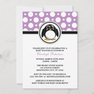 Penguin Purple Polka Dot Baby Shower Invitations