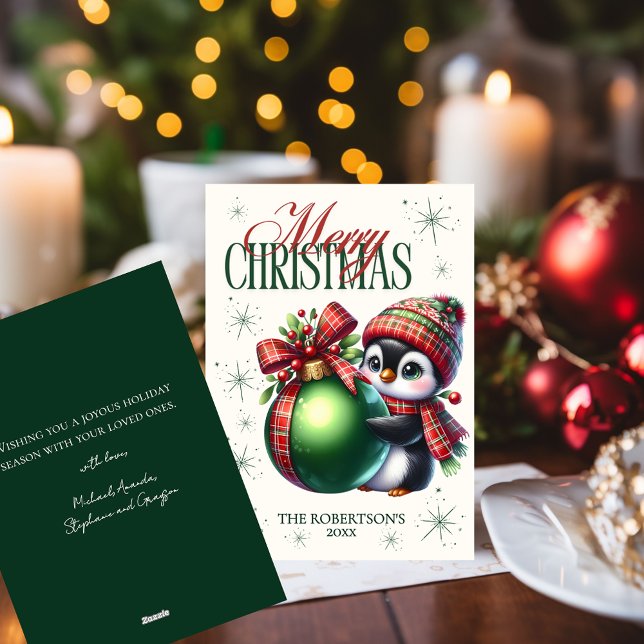 Penguin Red Green Plaid Scarf Hat Holiday Card (Creator Uploaded)