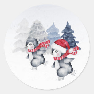 Penguin Red Skating Trees Watercolor Christmas Classic Round Sticker