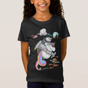 Penguin Riding Unicorn Food Pizza Space Party Plan T-Shirt