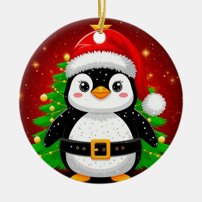 🐧 Penguin Santa Christmas Tree Holiday Fun ✨ Ceramic Tree Decoration (Front)
