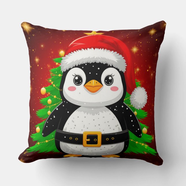 🐧 Penguin Santa Christmas Tree Holiday Fun ✨ Cushion (Front)