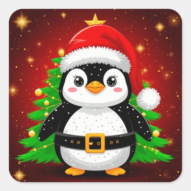 🐧 Penguin Santa Christmas Tree Holiday Fun ✨ Square Sticker (Front)