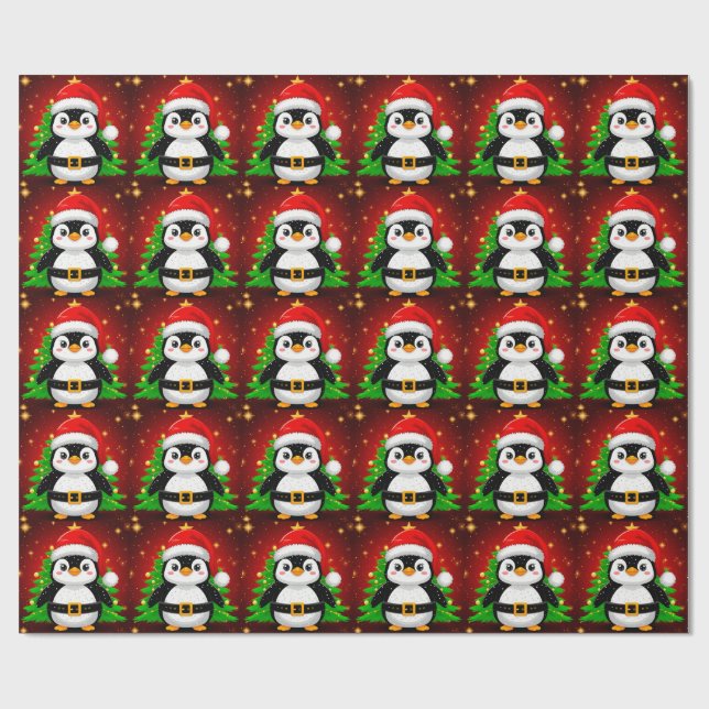 🐧 Penguin Santa Christmas Tree Holiday Fun ✨ Wrapping Paper (Flat)