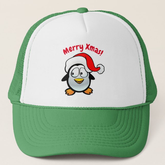 Penguin Santa Claus Cartoon Trucker Hat (Front)