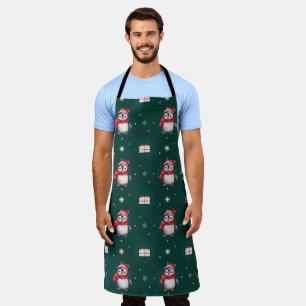 Penguin Santa Green Happy Merry Christmas pattern Apron