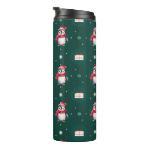 Penguin Santa Green Happy Merry Christmas pattern Thermal Tumbler