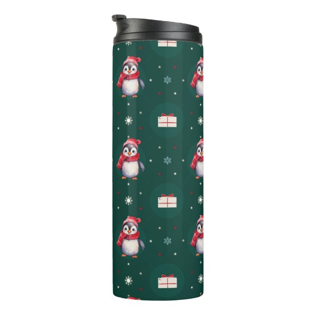 Penguin Santa Green Happy Merry Christmas pattern Thermal Tumbler (Rotated Right)