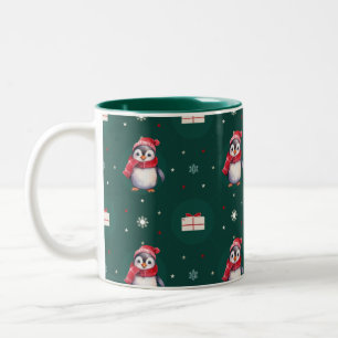 Penguin Santa Green Happy Merry Christmas pattern Two-Tone Coffee Mug