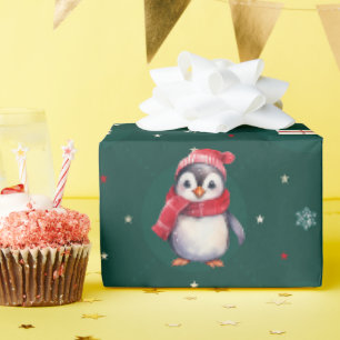 Penguin Santa Green Happy Merry Christmas pattern Wrapping Paper