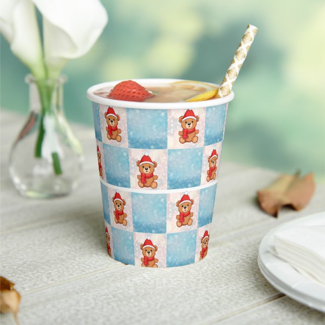 Penguin Santa Happy Merry Christmas check pattern Paper Cups (Insitu)