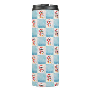 Penguin Santa Happy Merry Christmas Plaid pattern Thermal Tumbler