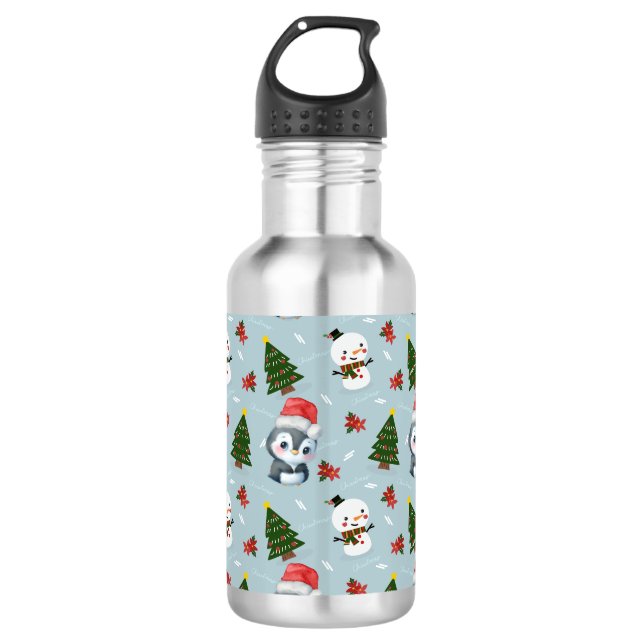 Penguin Santa Happy Merry Christmas tree pattern 532 Ml Water Bottle (Front)