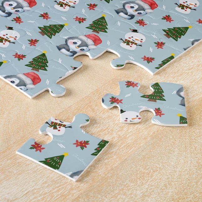 Penguin Santa Happy Merry Christmas tree pattern Jigsaw Puzzle (Side)