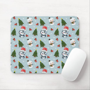 Penguin Santa Happy Merry Christmas tree pattern Mouse Pad