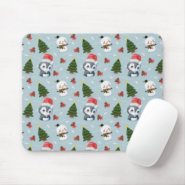 Penguin Santa Happy Merry Christmas tree pattern Mouse Pad (With Mouse)