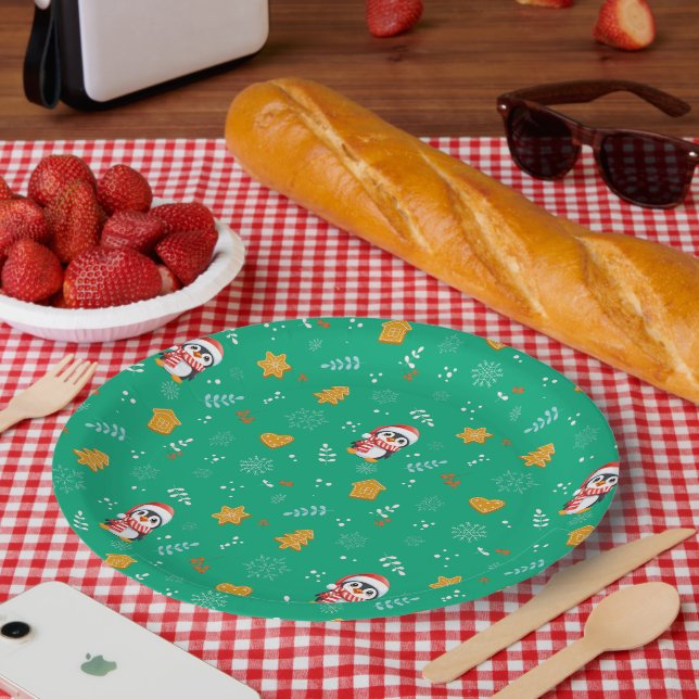 Penguin Santa Happy Merry Christmas tree pattern Paper Plate (Picnic)