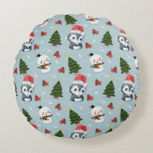 Penguin Santa Happy Merry Christmas tree pattern Round Cushion