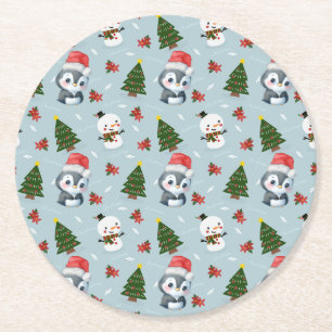 Penguin Santa Happy Merry Christmas tree pattern Round Paper Coaster